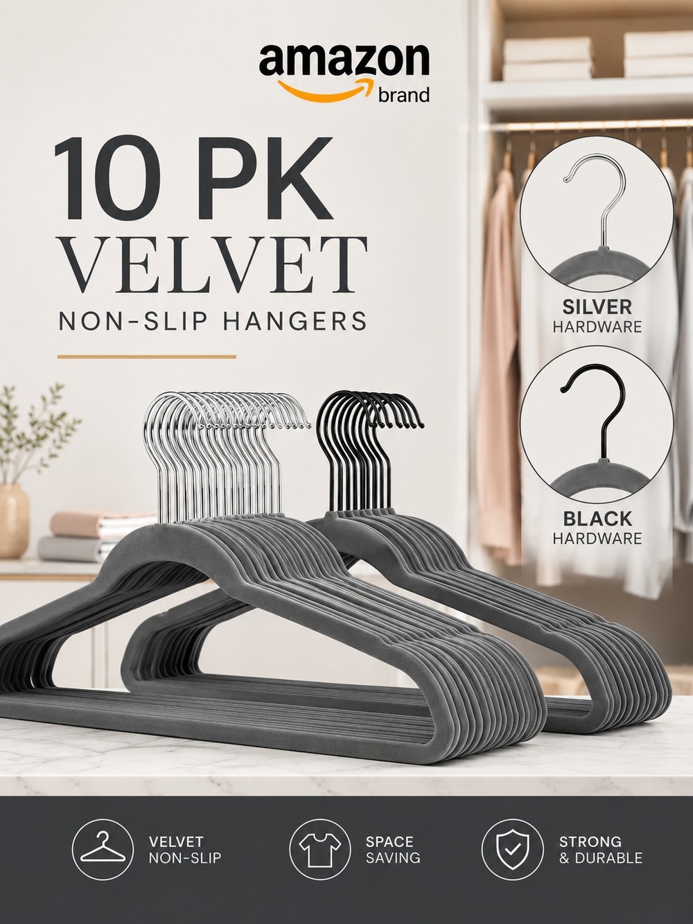 10Pk Grey Velvet Non-Slip Hangers | Silver or Black Hardware | Space Saving |EUC